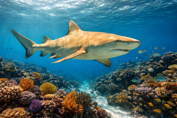Un requin citron nageant dans les eaux claires de Guadeloupe, près d'un récif corallien.