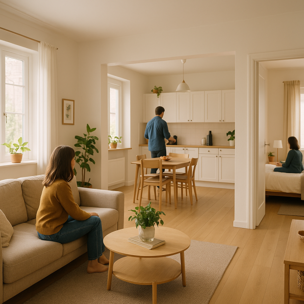 Intérieur d'une maison accueillante avec un salon lumineux et bien entretenu, représentant un lieu idéal pour un échange de maison.