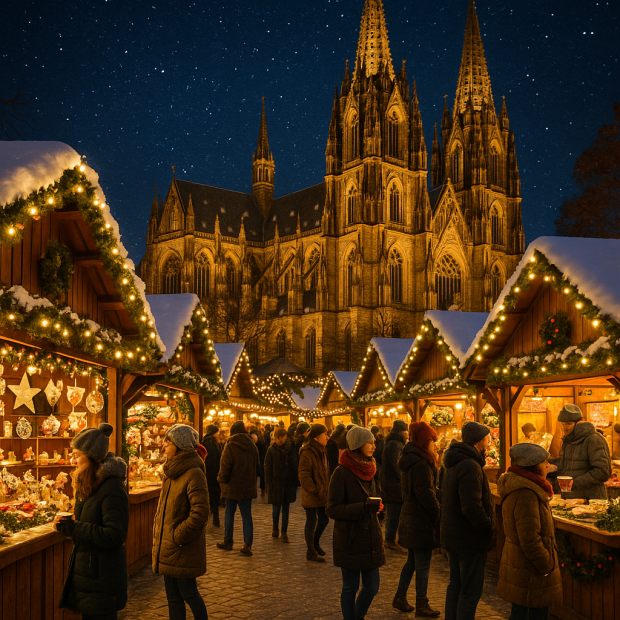Marché de Noël féérique avec chalets, cathédrale illuminée et visiteurs dans une ambiance festive.