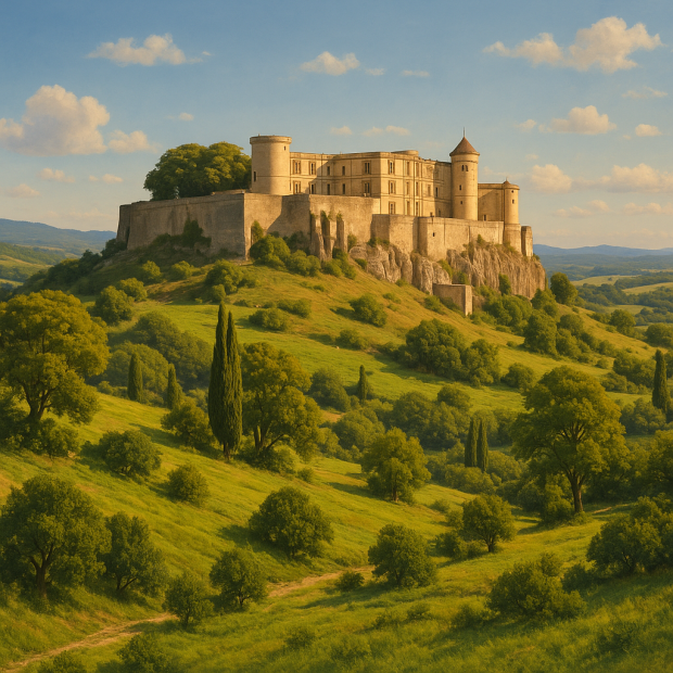 Vue panoramique du château de Grignan sur un piton rocheux, entouré de collines verdoyantes typiques de la Provence.